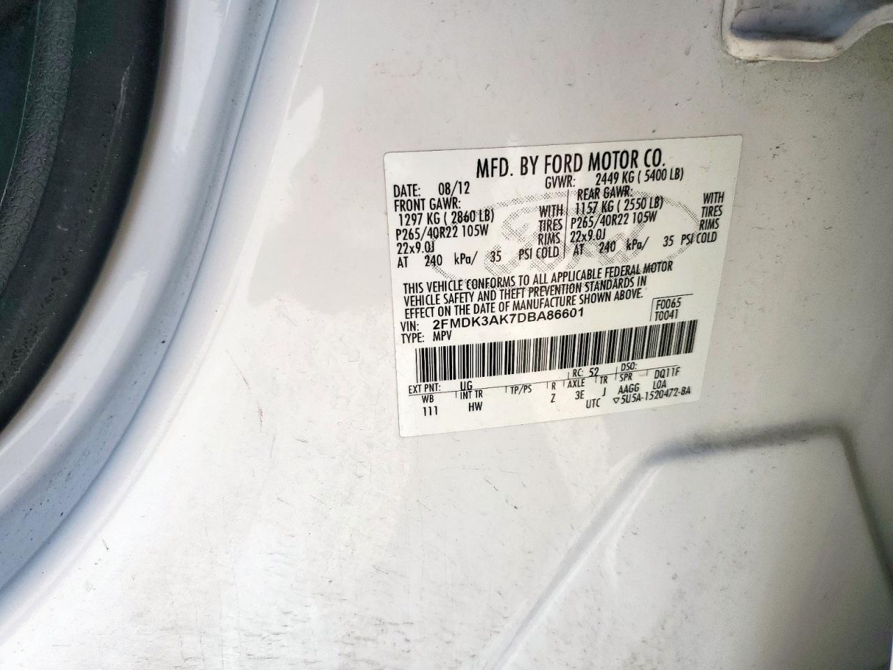 2013 Ford Edge Sport VIN: 2FMDK3AK7DBA86601 Lot: 90856485