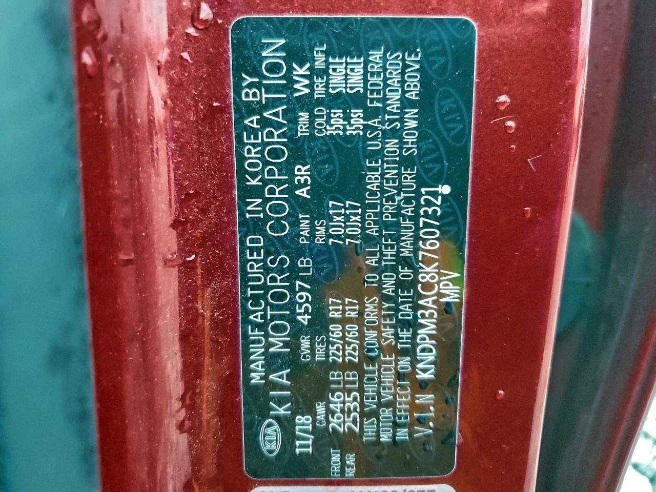 2019 Kia Sportage Lx VIN: KNDPM3AC8K7607321 Lot: 94338985