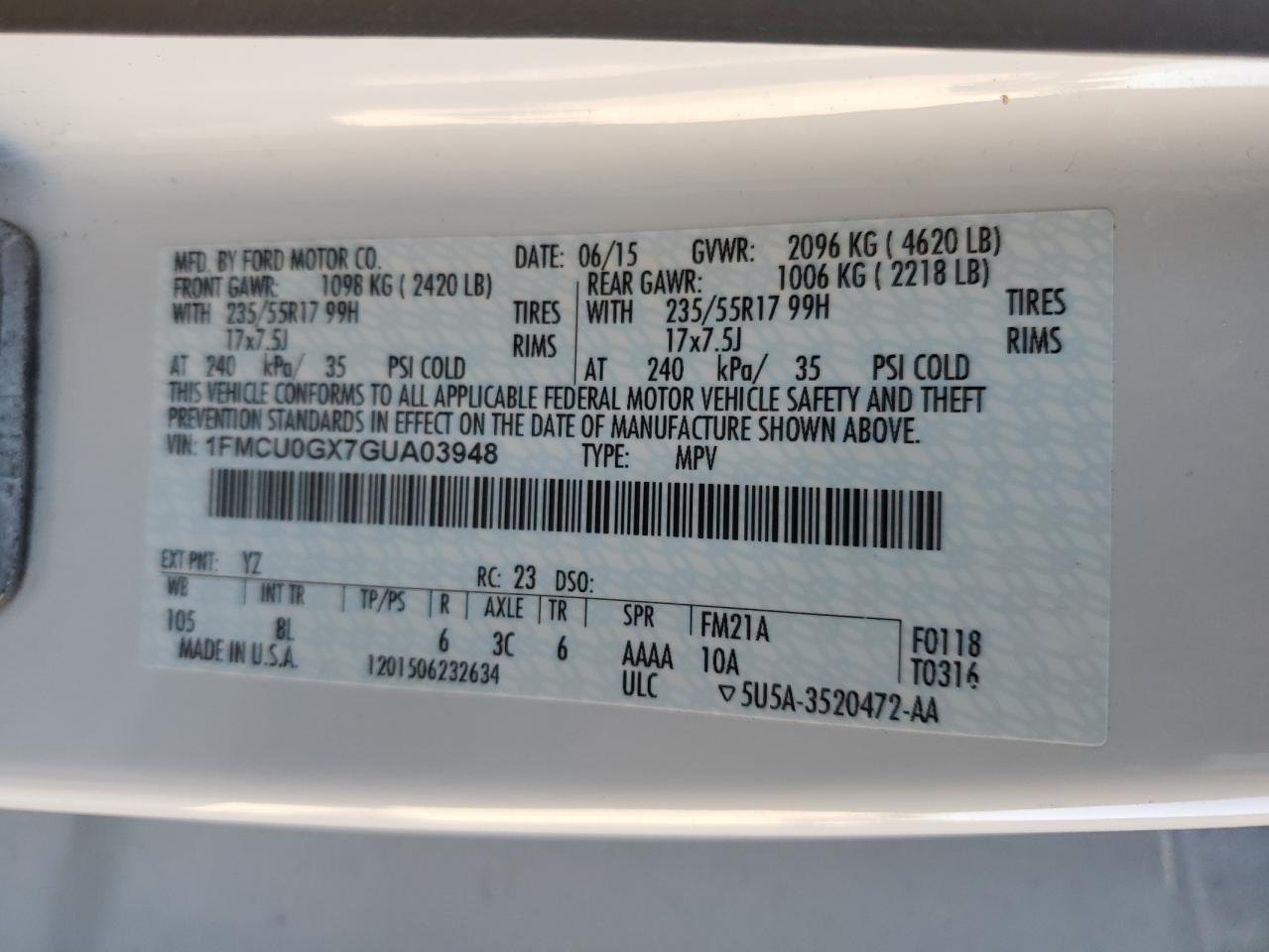 2016 Ford Escape Se VIN: 1FMCU0GX7GUA03948 Lot: 90523755