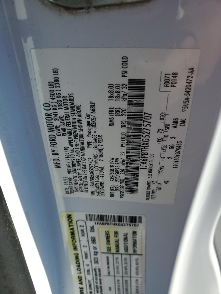 2016 Ford Mustang VIN: 1FA6P8THXG5275707 Lot: 91650455