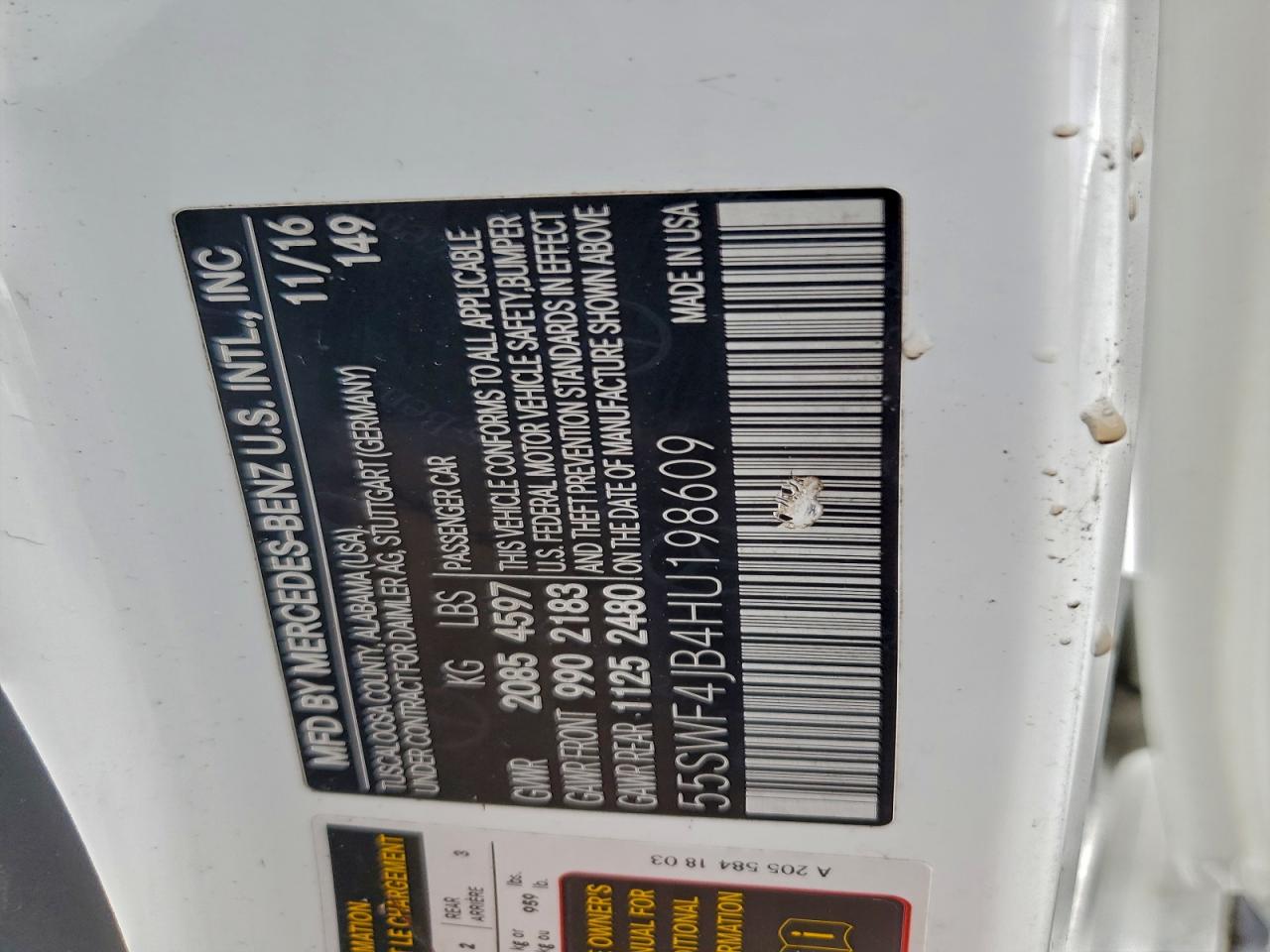 2017 Mercedes-Benz C 300 VIN: 55SWF4JB4HU198609 Lot: 94130205