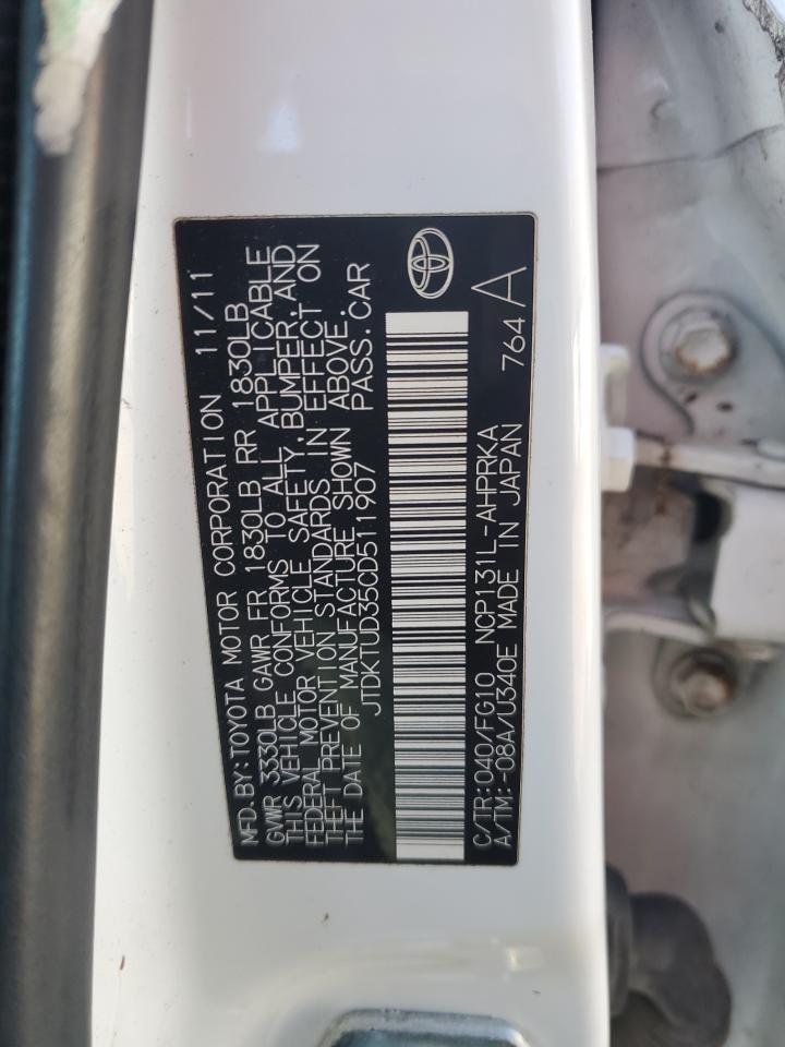 2012 Toyota Yaris VIN: JTDKTUD35CD511907 Lot: 92616645