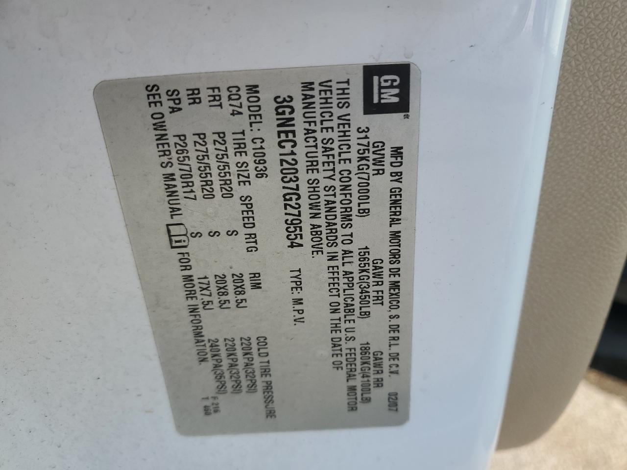 2007 Chevrolet Avalanche C1500 VIN: 3GNEC12037G279554 Lot: 92424055