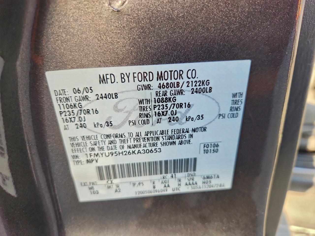 2006 Ford Escape Hev VIN: 1FMYU95H26KA30653 Lot: 92886305