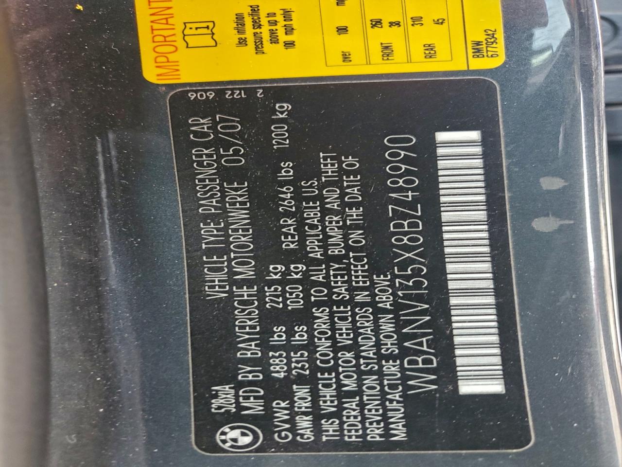 2008 BMW 528 Xi VIN: WBANV135X8BZ48990 Lot: 93679945