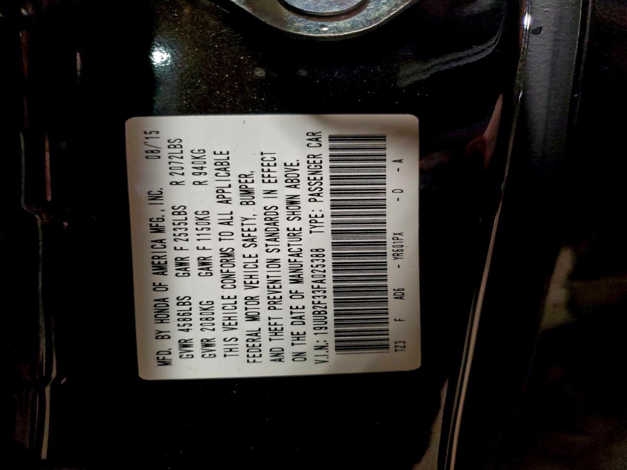 2015 Acura Tlx VIN: 19UUB2F33FA025388 Lot: 93858915