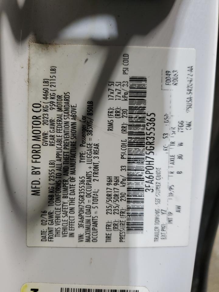 2016 Ford Fusion Se VIN: 3FA6P0H75GR355365 Lot: 92168765