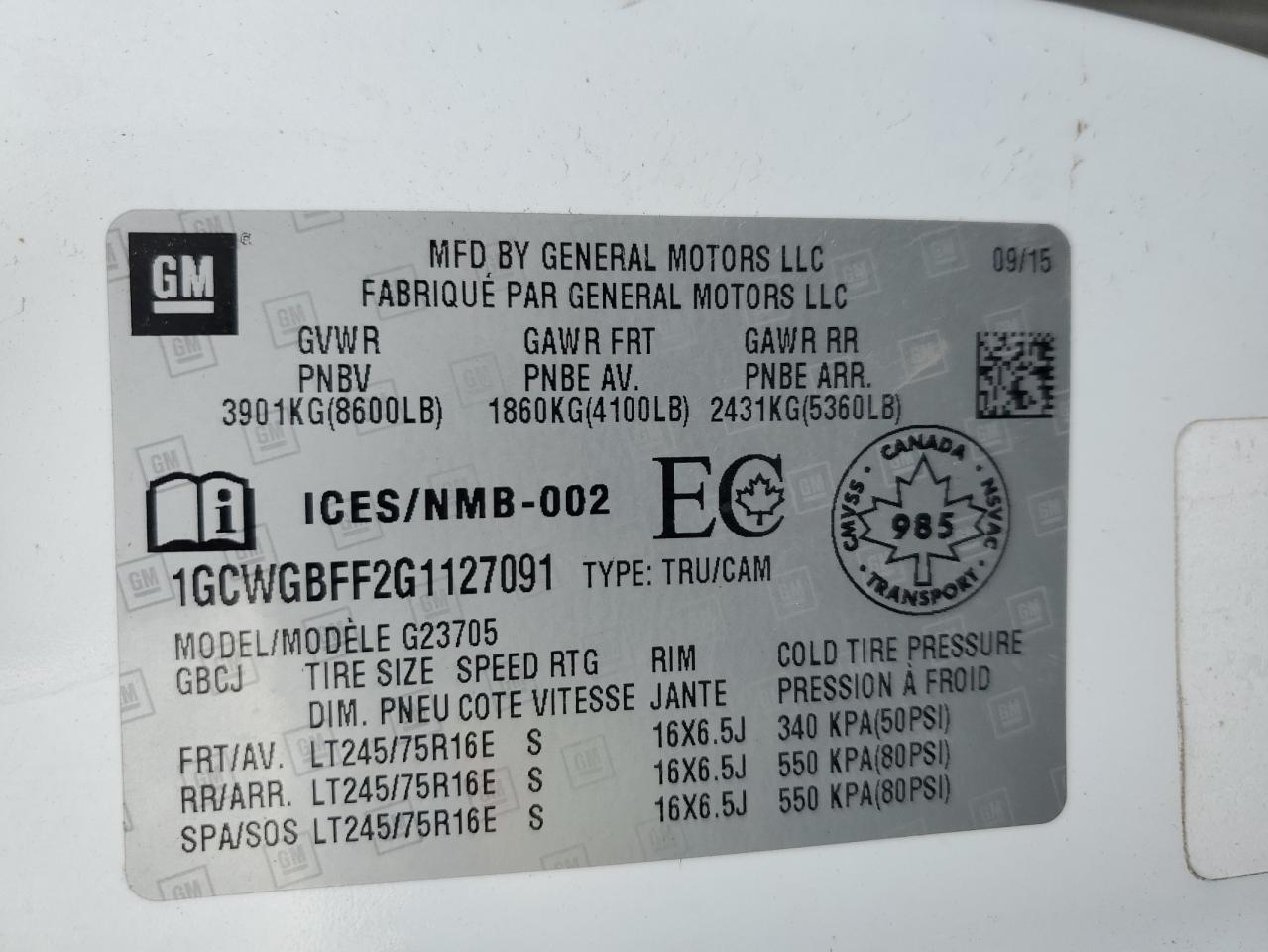 2016 Chevrolet Express G2500 VIN: 1GCWGBFF2G1127091 Lot: 92192215