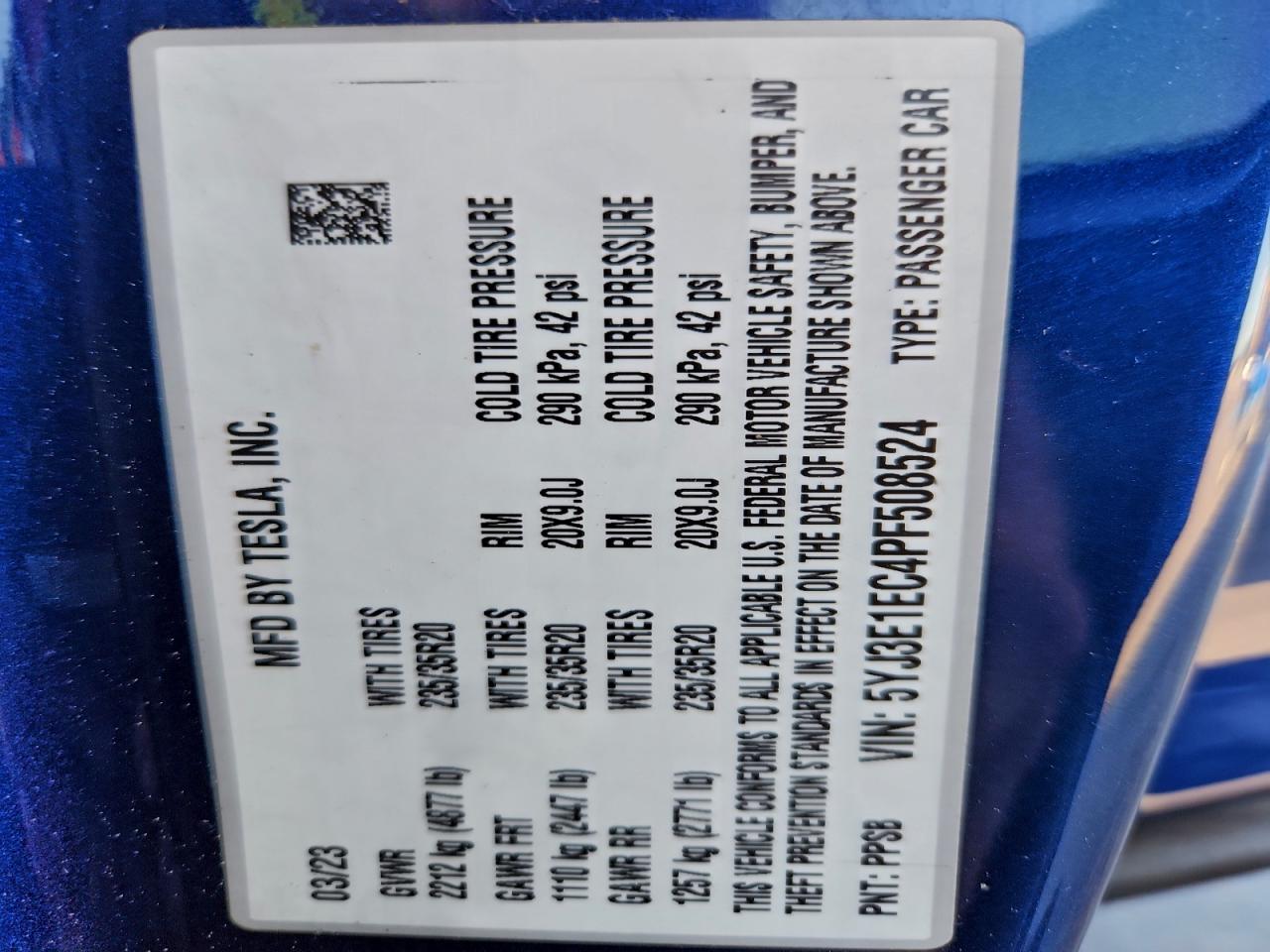 2023 Tesla Model 3 VIN: 5YJ3E1EC4PF508524 Lot: 94183515