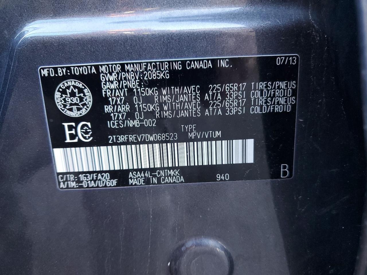 2013 Toyota Rav4 Xle VIN: 2T3RFREV7DW068523 Lot: 90796665