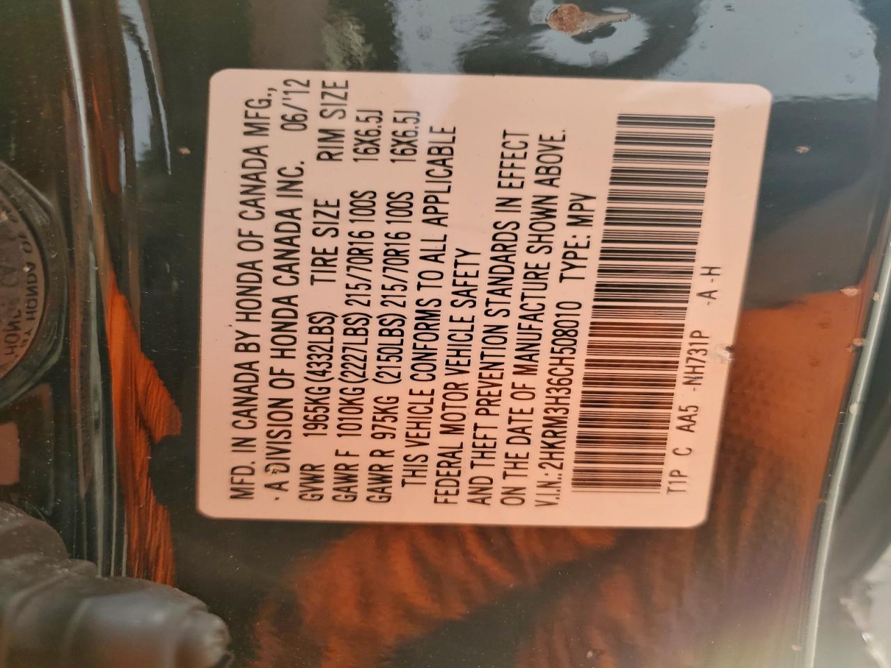 2012 Honda Cr-V Lx VIN: 2HKRM3H36CH508010 Lot: 93193915