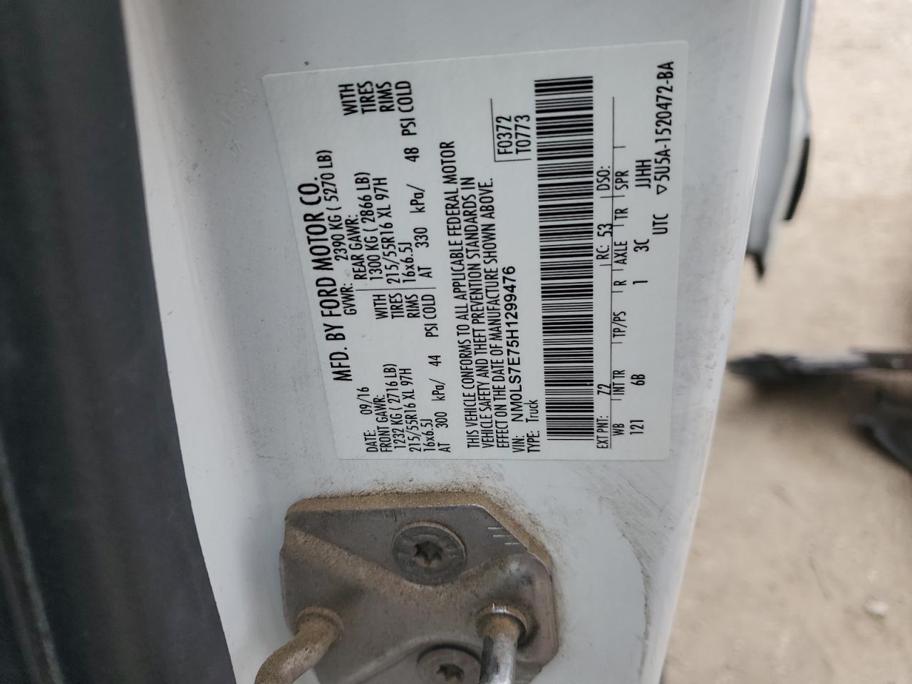 2017 Ford Transit Co Delivery Van VIN: NM0LS7E75H1299476 Lot: 93093285