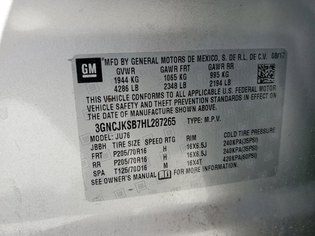 2017 Chevrolet Trax Ls VIN: 3GNCJKSB7HL287265 Lot: 91629935