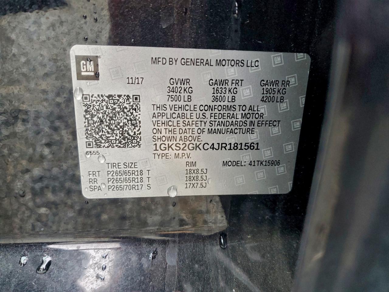 2018 GMC Yukon Xl K1500 Slt VIN: 1GKS2GKC4JR181561 Lot: 93538635