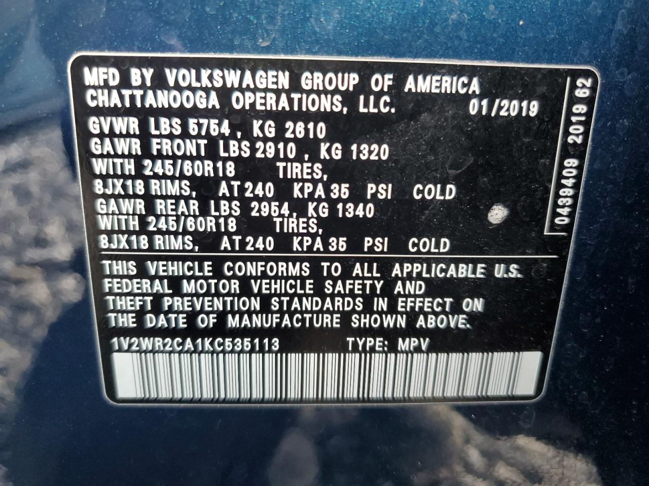 2019 Volkswagen Atlas Se VIN: 1V2WR2CA1KC535113 Lot: 91198035