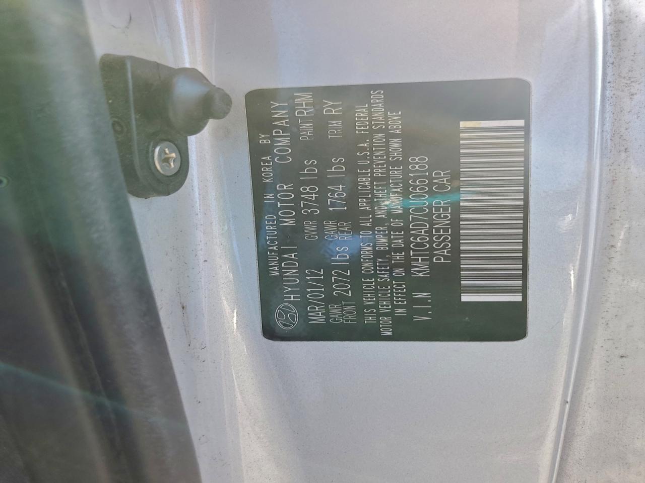 2012 Hyundai Veloster VIN: KMHTC6AD7CU066188 Lot: 94763545