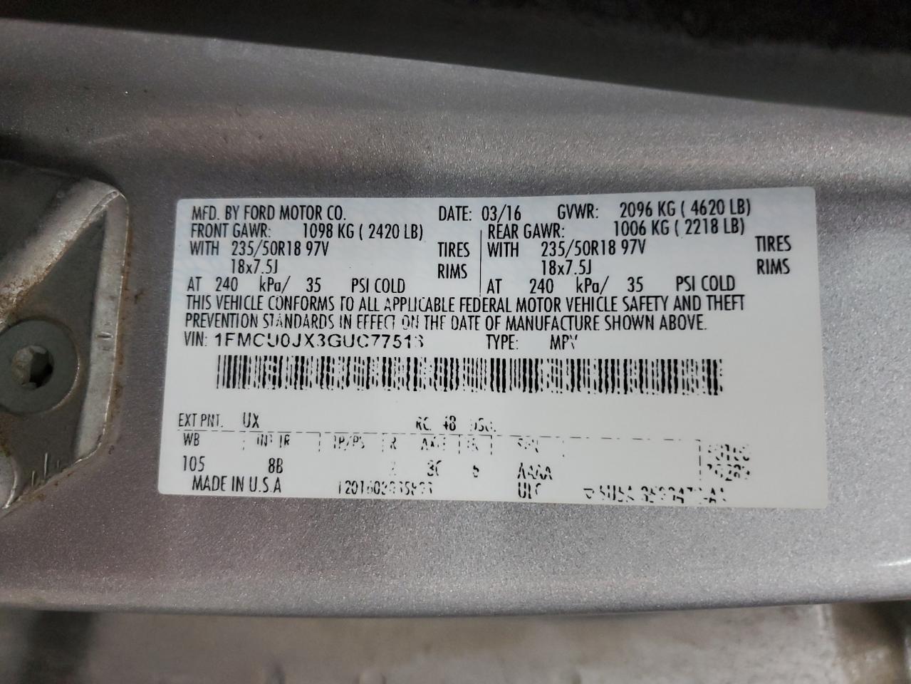 2016 Ford Escape Titanium VIN: 1FMCU0JX3GUC77513 Lot: 93137415