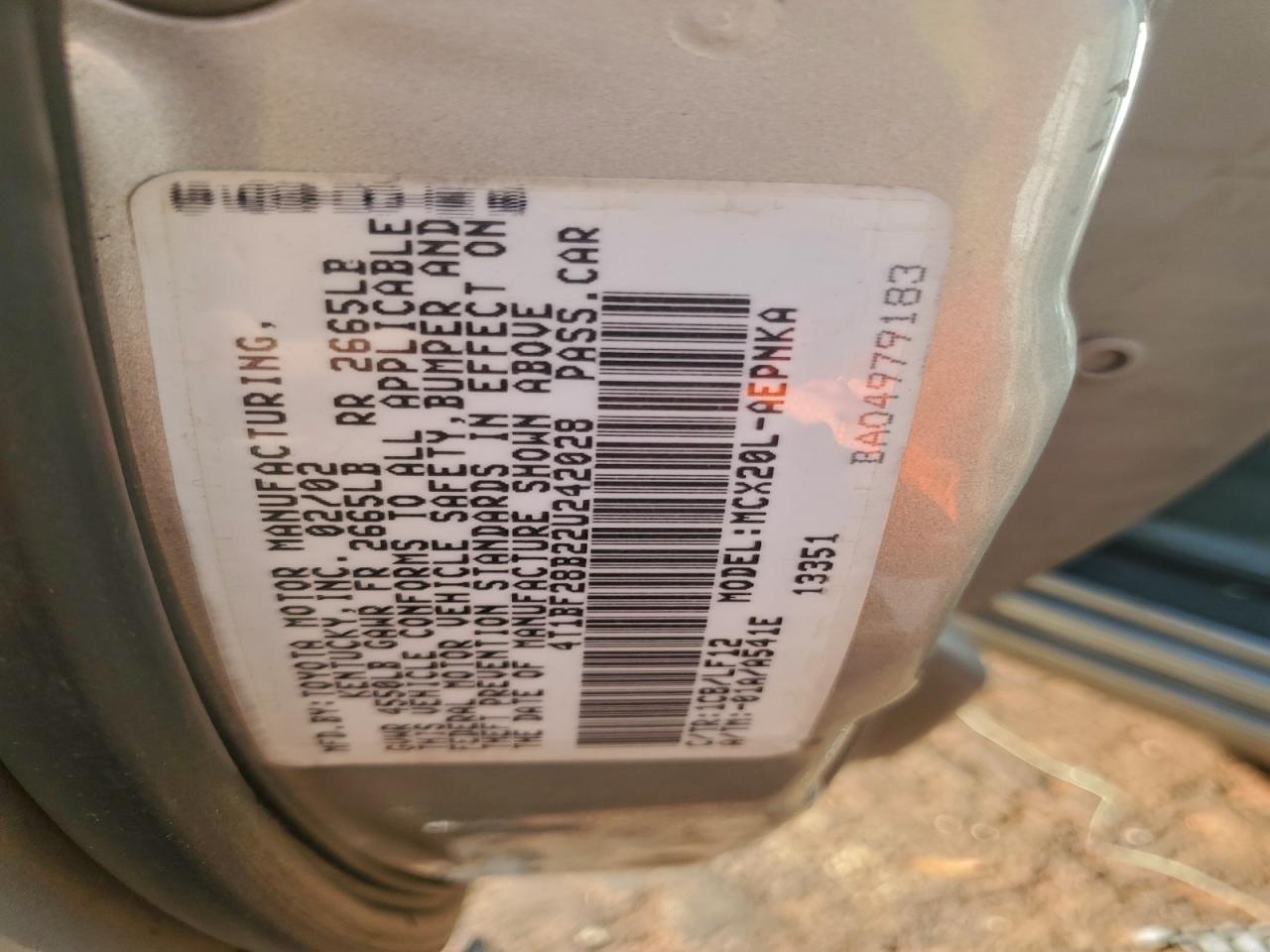 2002 Toyota Avalon Xl VIN: 4T1BF28B22U242028 Lot: 93710335