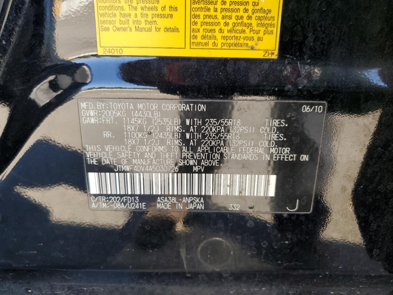 2010 Toyota Rav4 Sport VIN: JTMWF4DV4A5030726 Lot: 92050695