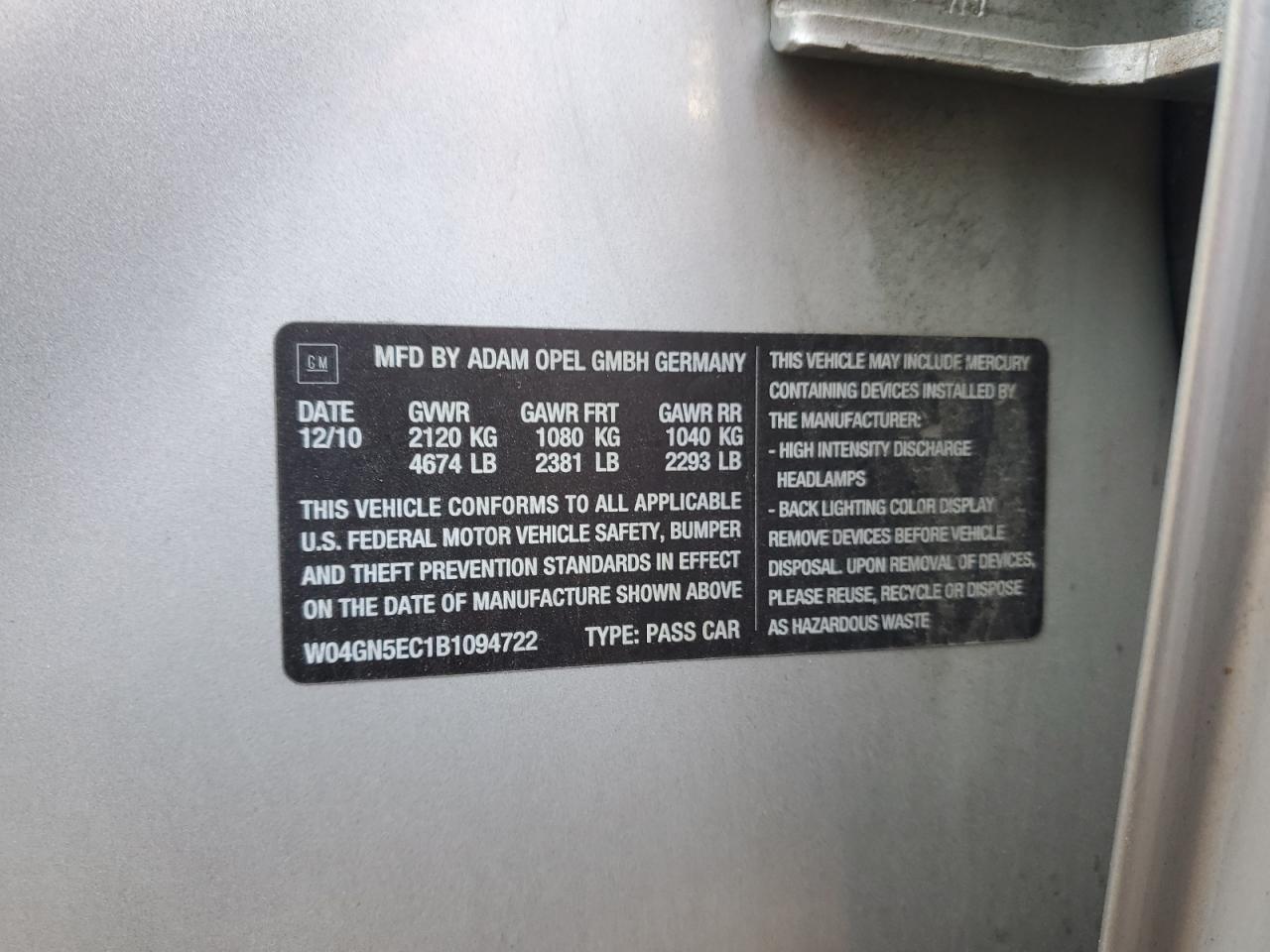 2011 Buick Regal Cxl VIN: W04GN5EC1B1094722 Lot: 91480015