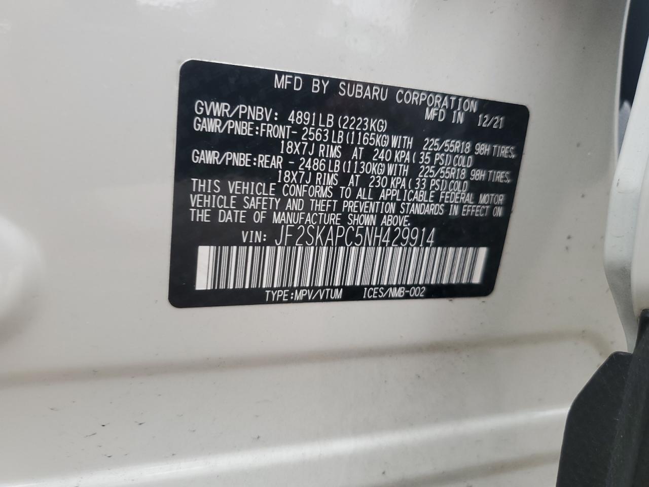 2022 Subaru Forester Limited VIN: JF2SKAPC5NH429914 Lot: 93619115