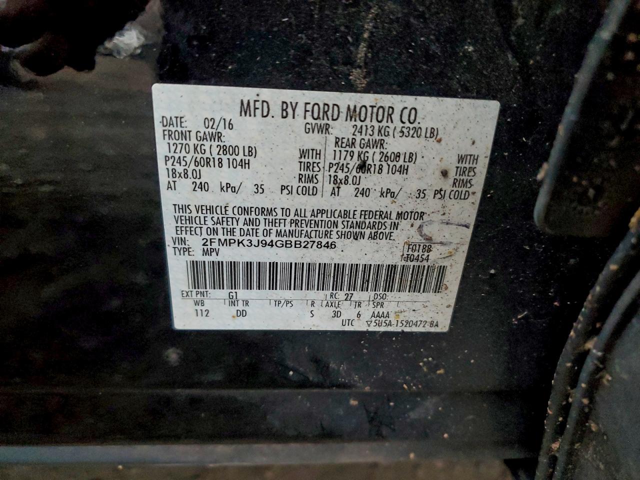 2016 Ford Edge Sel VIN: 2FMPK3J94GBB27846 Lot: 94169335