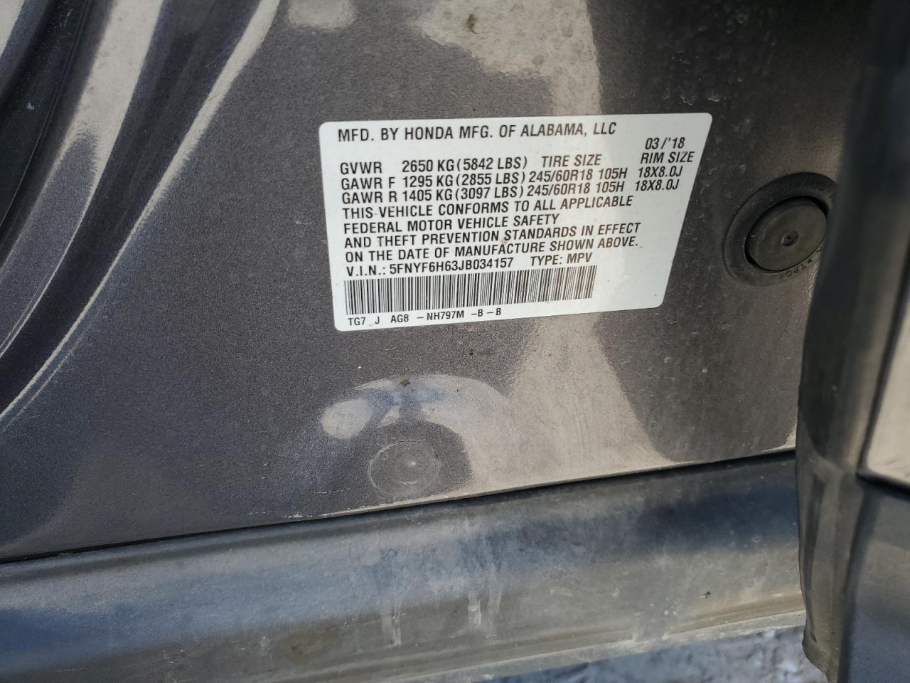 2018 Honda Pilot Exl VIN: 5FNYF6H63JB034157 Lot: 90343815