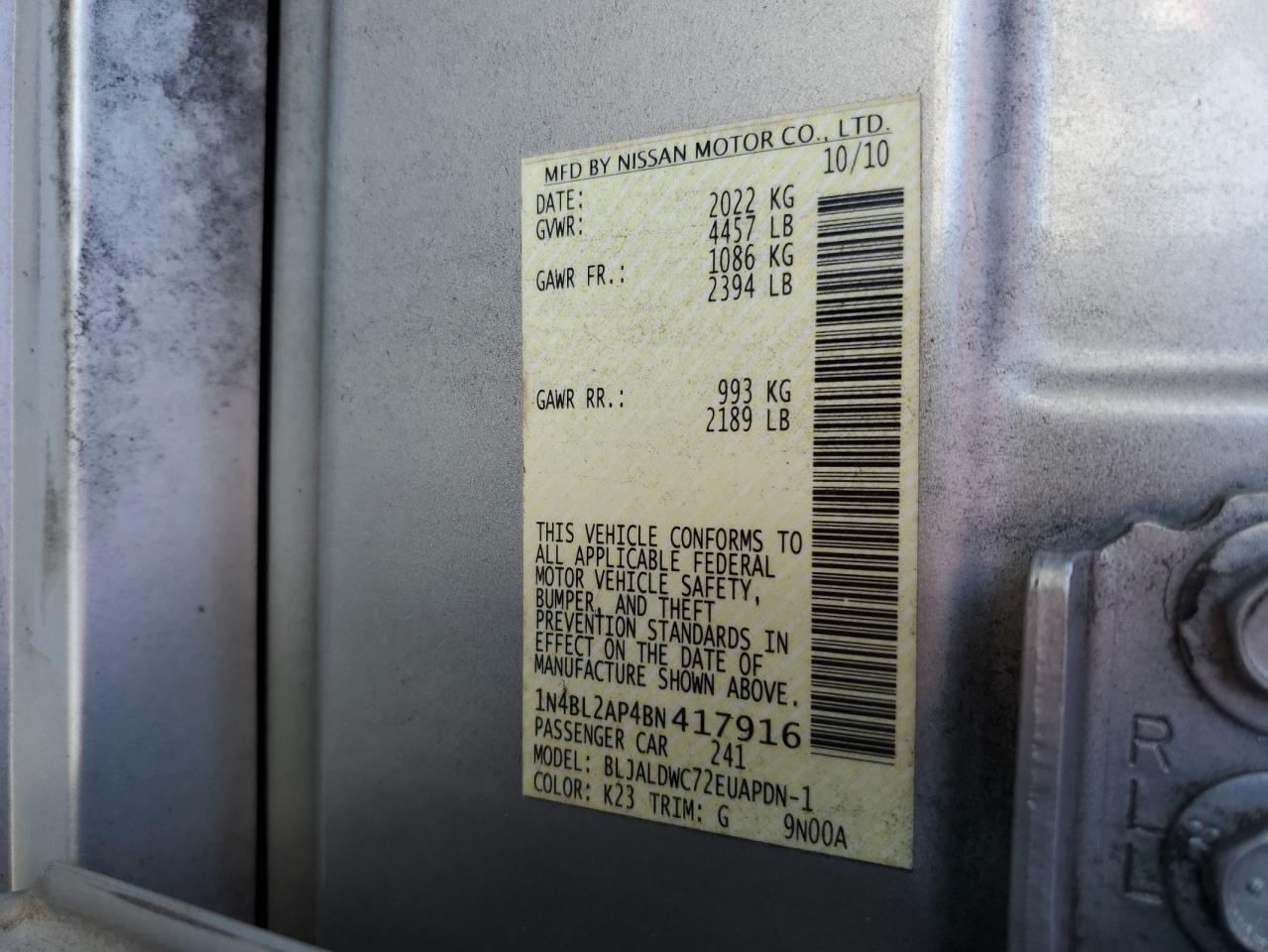 2011 Nissan Altima Sr VIN: 1N4BL2AP4BN417916 Lot: 93373105