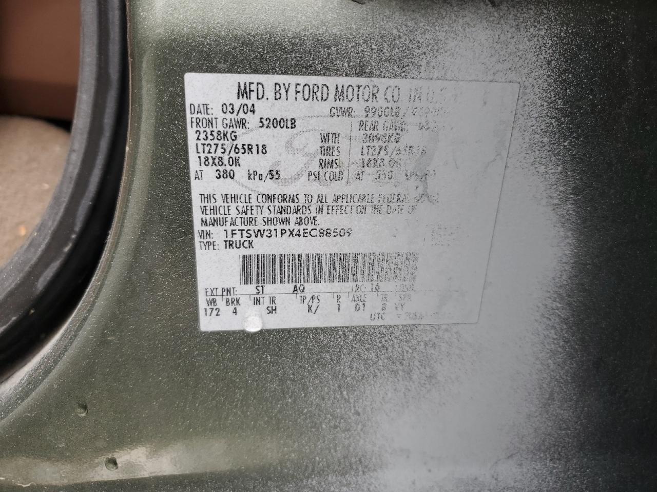 2004 Ford F350 Srw Super Duty VIN: 1FTSW31PX4EC88509 Lot: 91527085