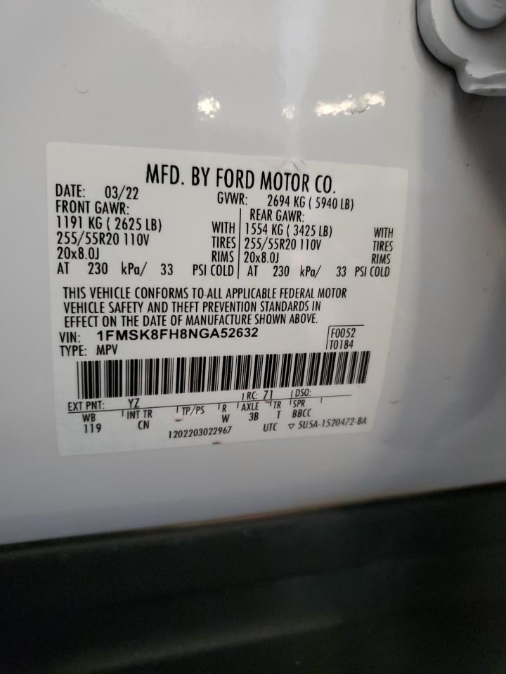 2022 Ford Explorer Limited VIN: 1FMSK8FH8NGA52632 Lot: 90444915