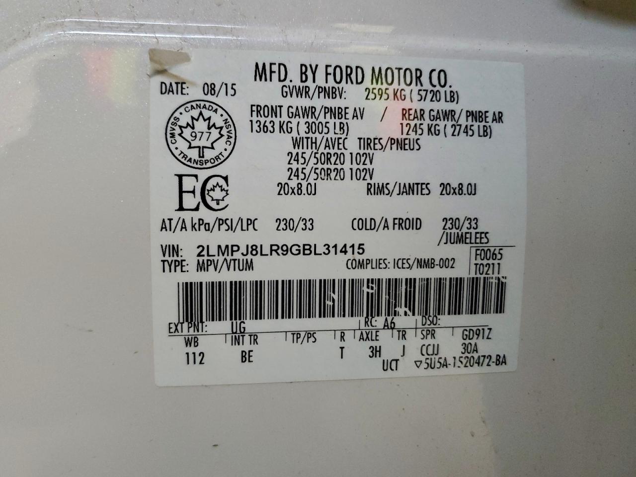 2016 Lincoln Mkx Reserve VIN: 2LMPJ8LR9GBL31415 Lot: 95065555