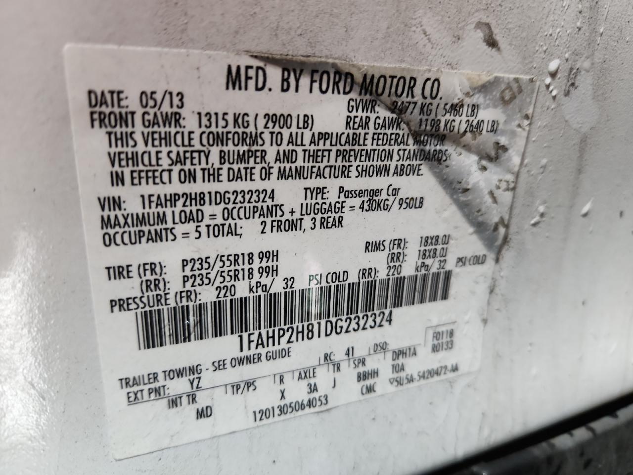 2013 Ford Taurus Sel VIN: 1FAHP2H81DG232324 Lot: 91045245