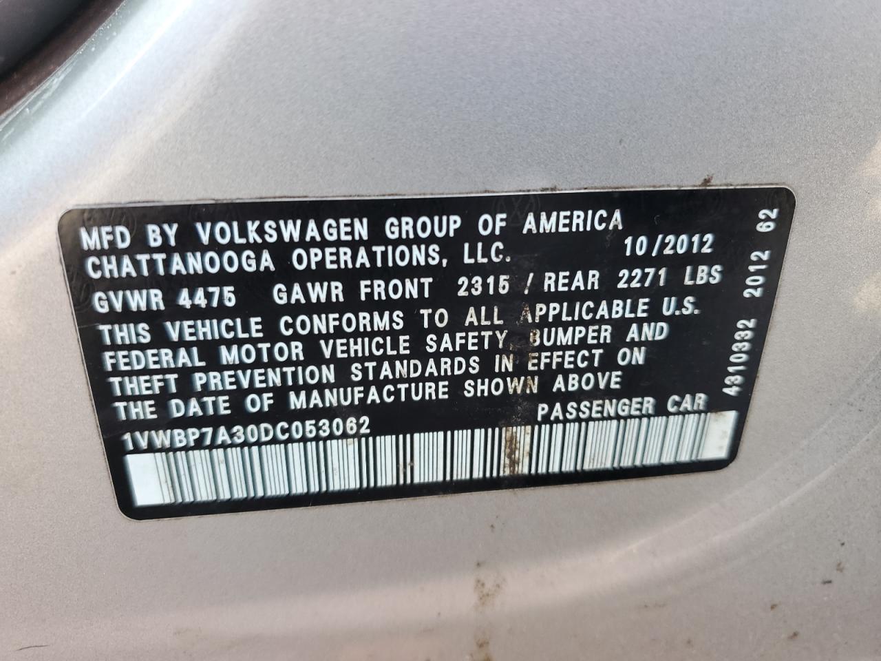 2013 Volkswagen Passat Se VIN: 1VWBP7A30DC053062 Lot: 92806015