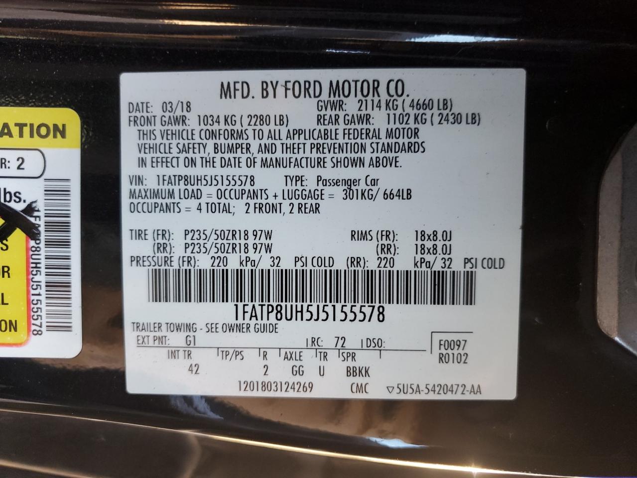 2018 Ford Mustang VIN: 1FATP8UH5J5155578 Lot: 89533065