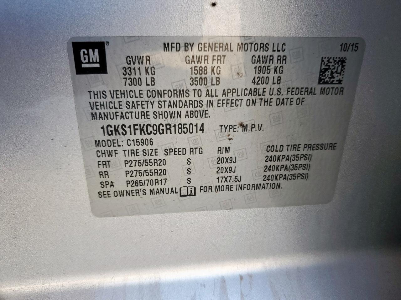 2016 GMC Yukon Xl C1500 Sle VIN: 1GKS1FKC9GR185014 Lot: 92979485