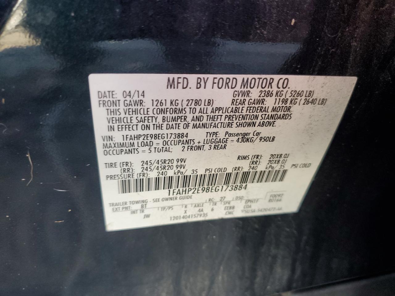 2014 Ford Taurus Sel VIN: 1FAHP2E98EG173884 Lot: 93109525