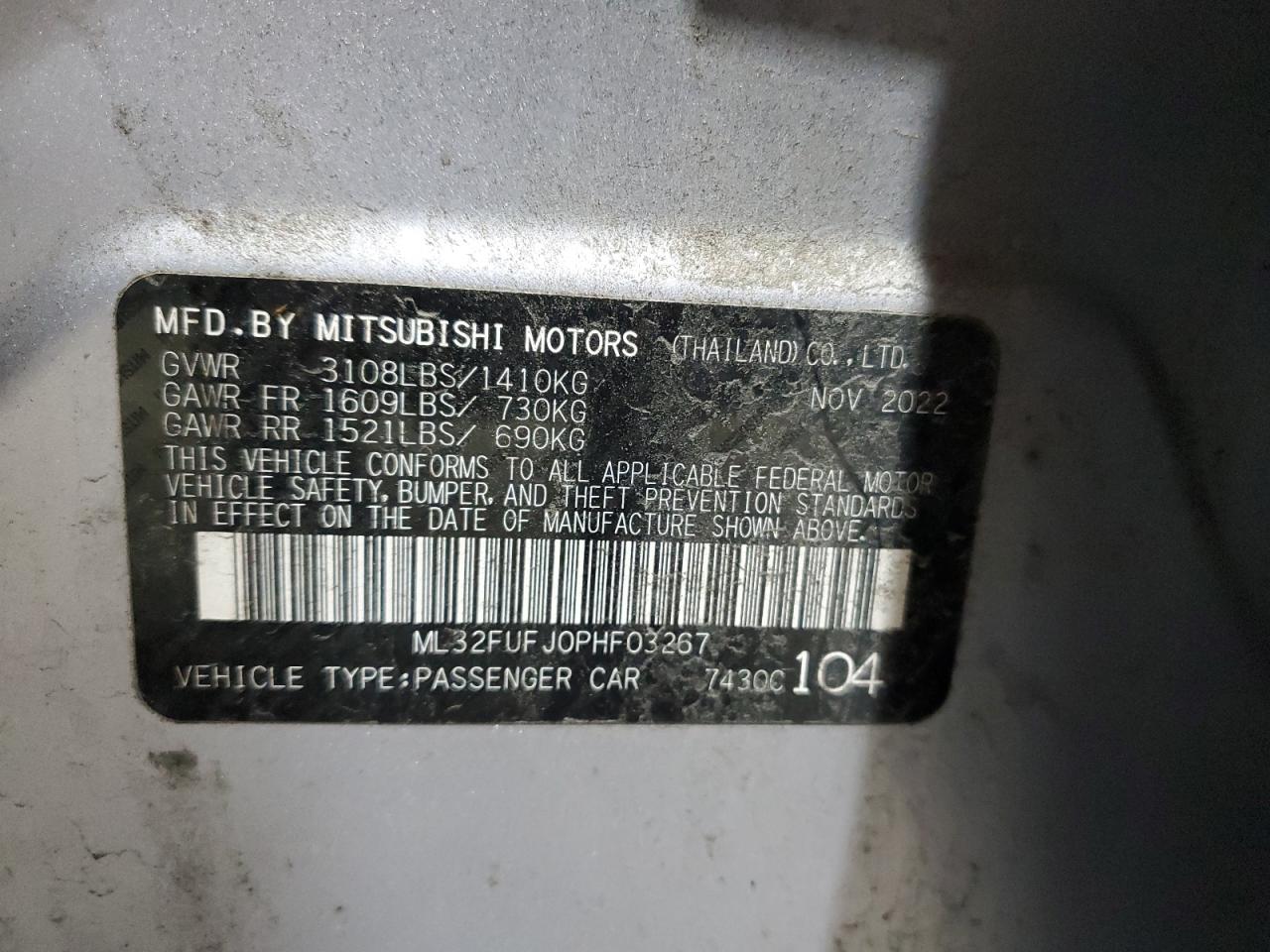 2023 Mitsubishi Mirage G4 Es VIN: ML32FUFJ0PHF03267 Lot: 92794655
