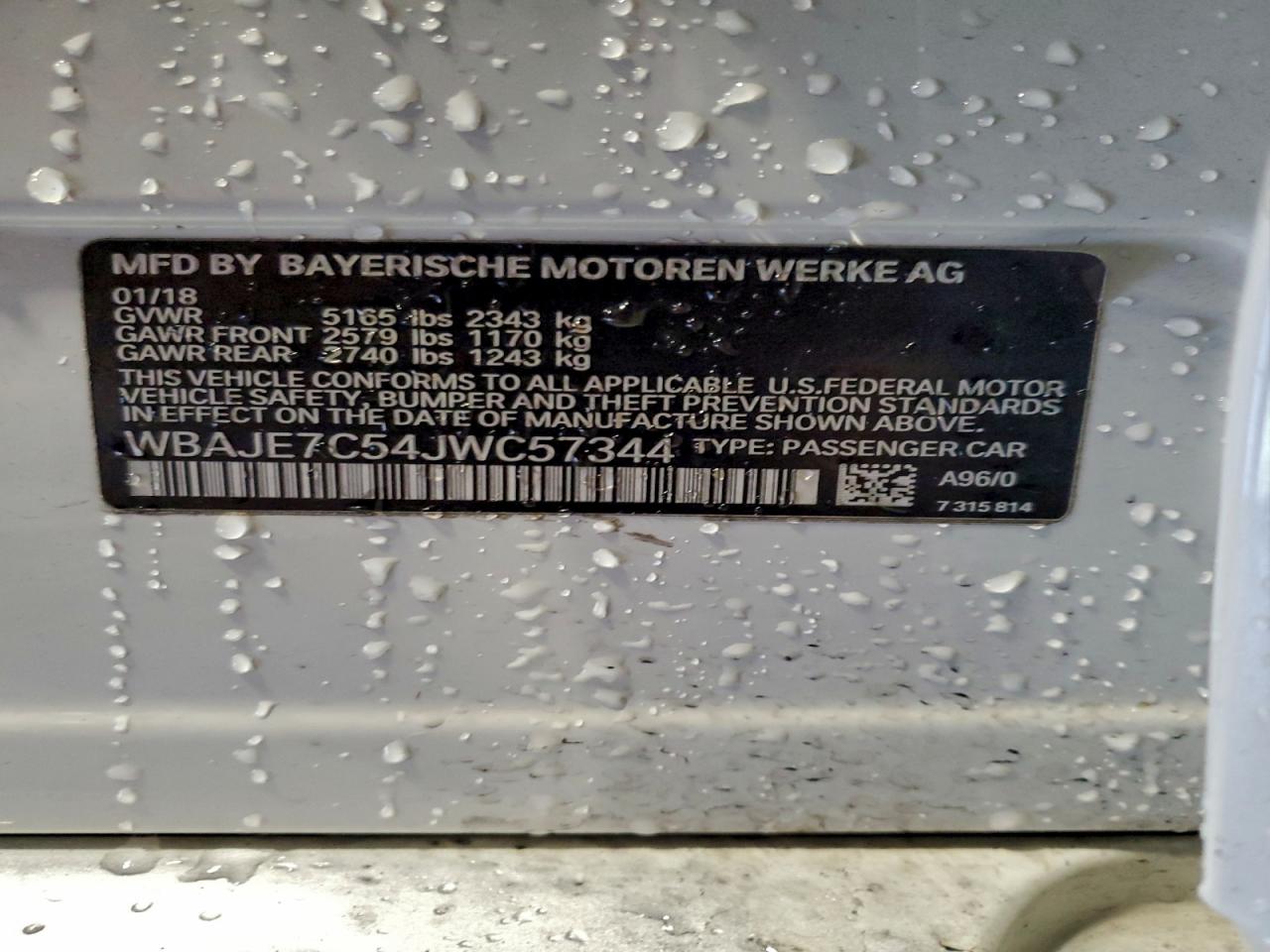 2018 BMW 540 Xi VIN: WBAJE7C54JWC57344 Lot: 93042965