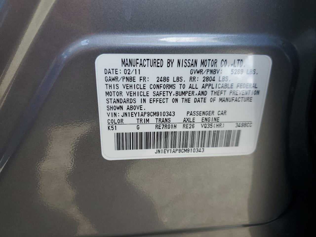 2012 Infiniti M35H VIN: JN1EY1AP9CM910343 Lot: 92747345