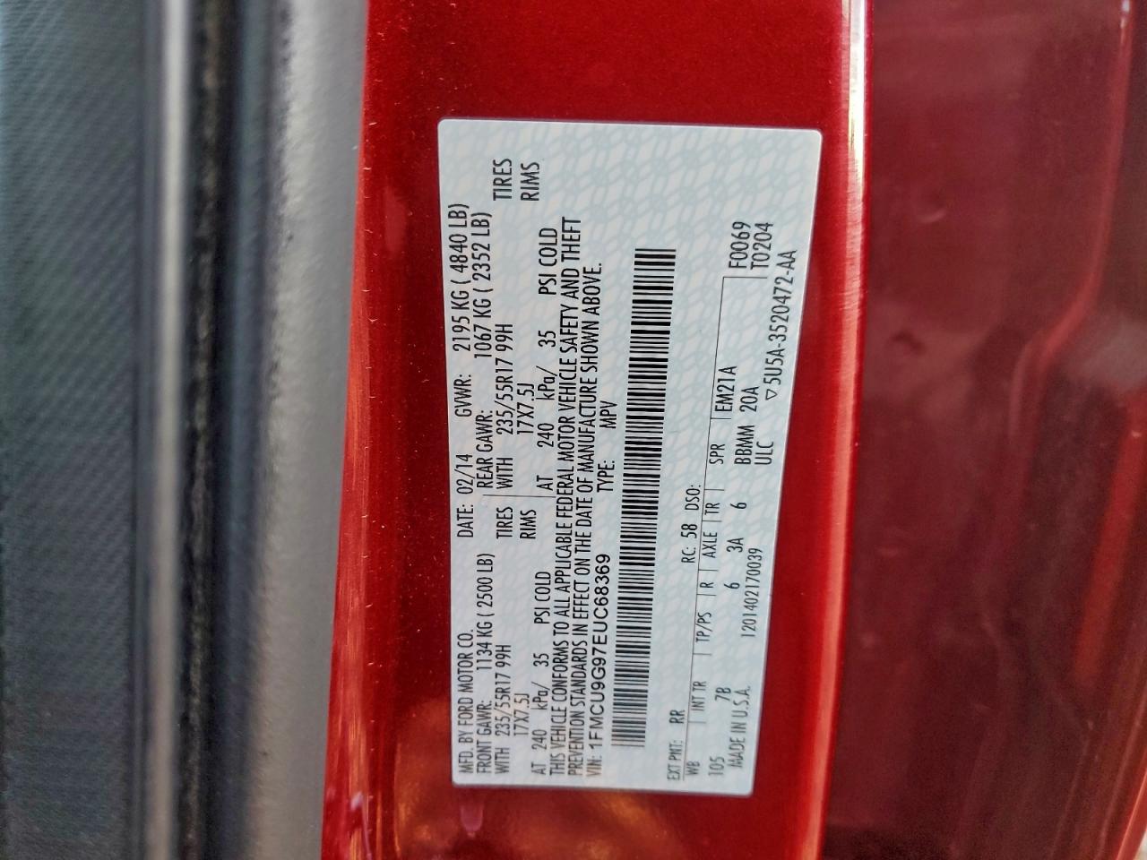 2014 Ford Escape Se VIN: 1FMCU9G97EUC68369 Lot: 94370295