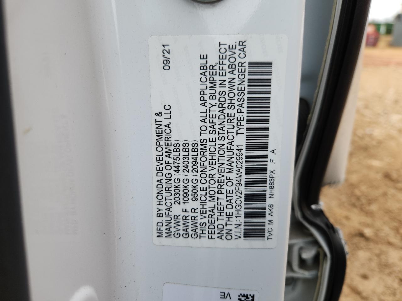 2021 Honda Accord Touring VIN: 1HGCV2F94MA029941 Lot: 93419205