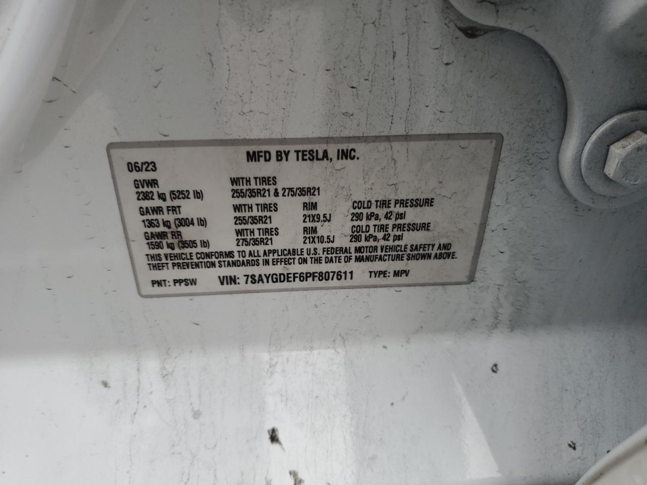 2023 Tesla Model Y VIN: 7SAYGDEF6PF807611 Lot: 92821015