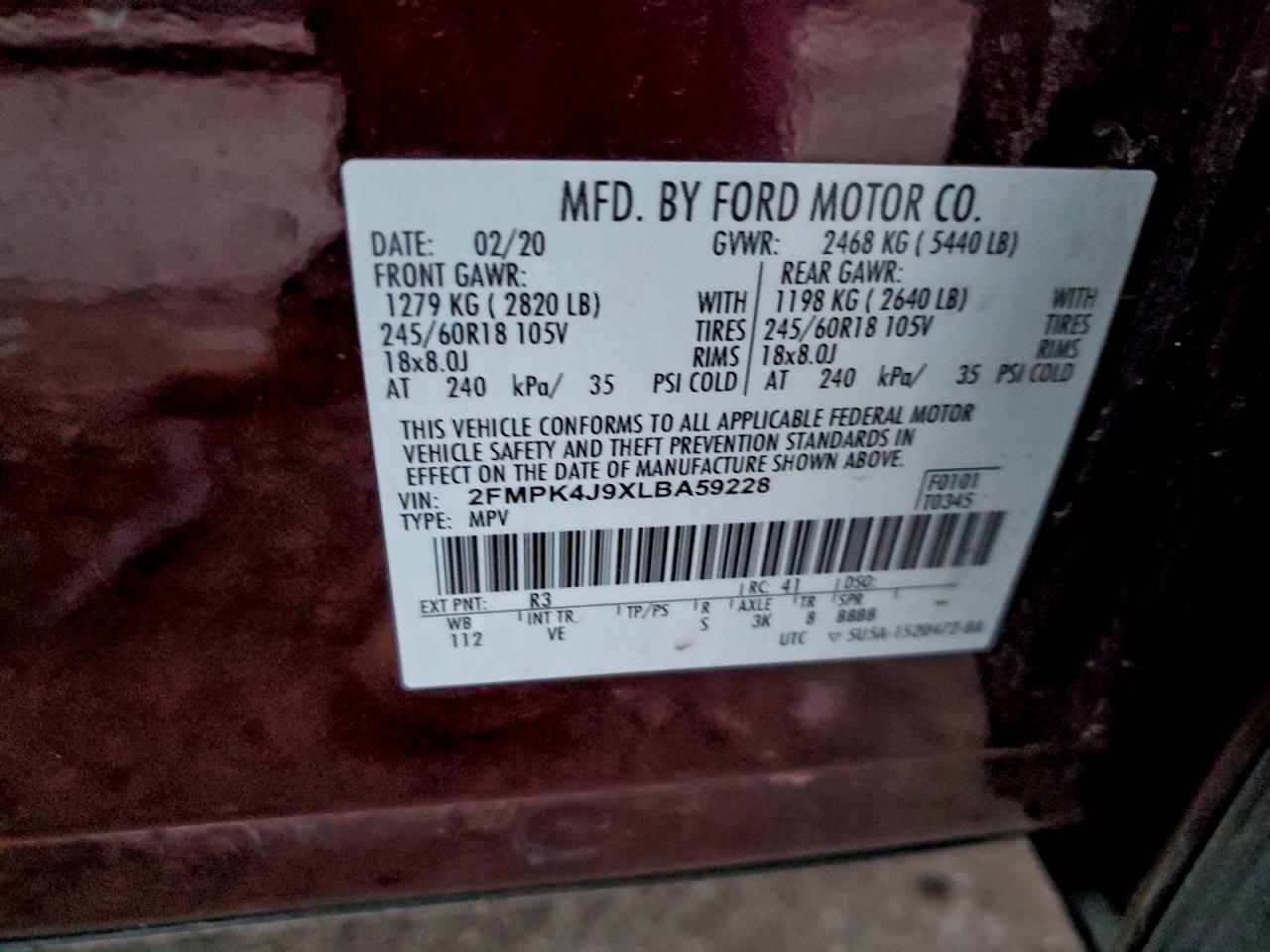 2020 Ford Edge Sel VIN: 2FMPK4J9XLBA59228 Lot: 93714545