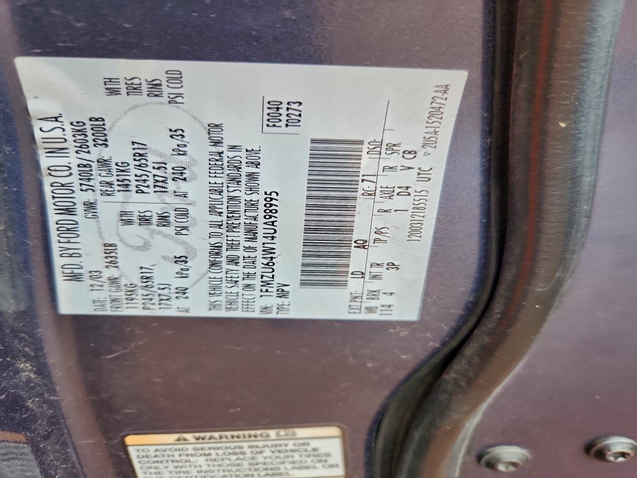 2004 Ford Explorer Eddie Bauer VIN: 1FMZU64W14UA98995 Lot: 92729765