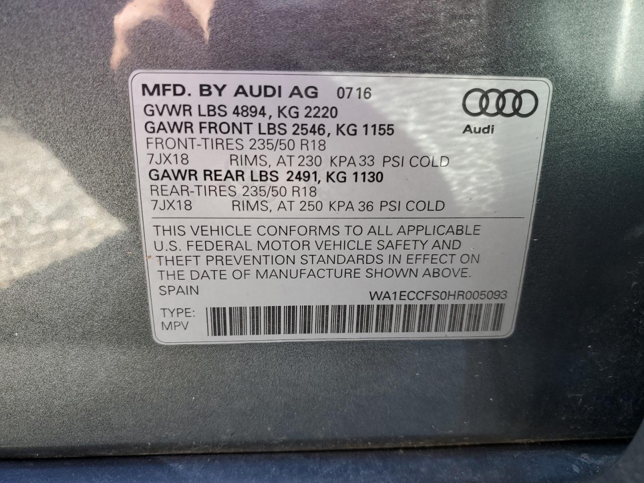 2017 Audi Q3 Premium VIN: WA1ECCFS0HR005093 Lot: 91447885