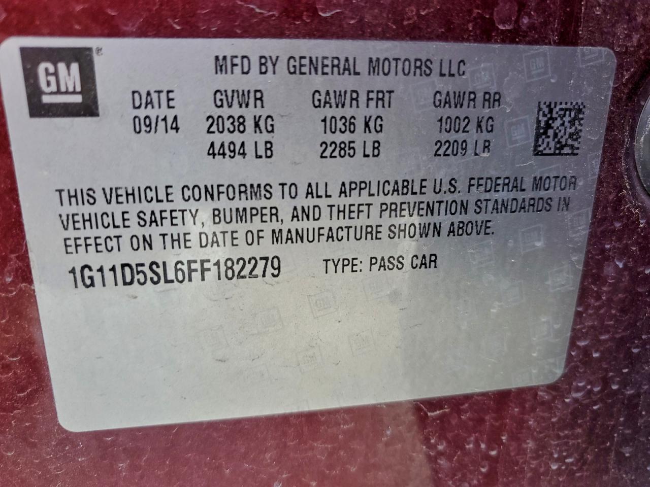 2015 Chevrolet Malibu 2Lt VIN: 1G11D5SL6FF182279 Lot: 94375135