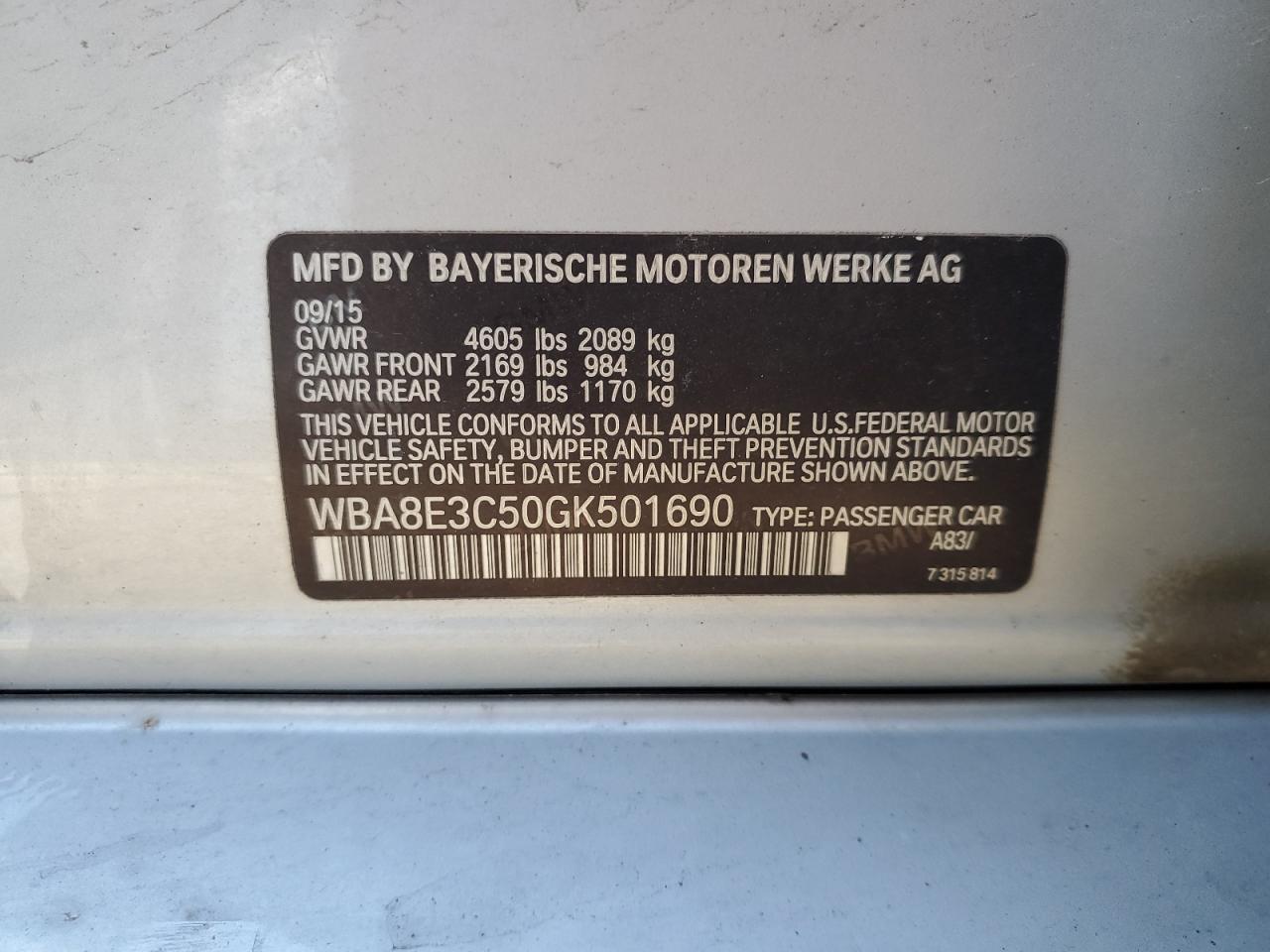 2016 BMW 328 Xi Sulev VIN: WBA8E3C50GK501690 Lot: 92581455