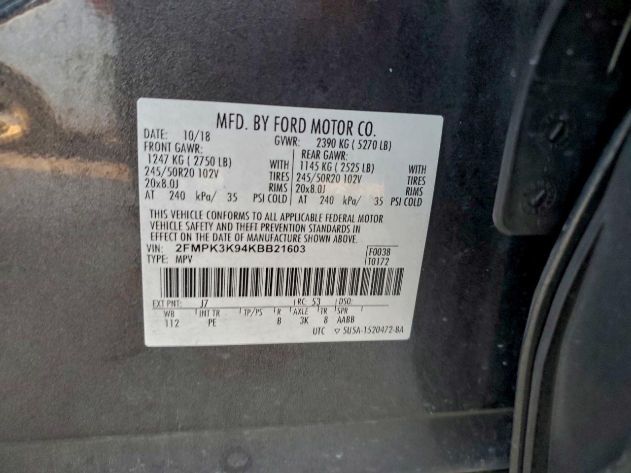 2019 Ford Edge Titanium VIN: 2FMPK3K94KBB21603 Lot: 94508755