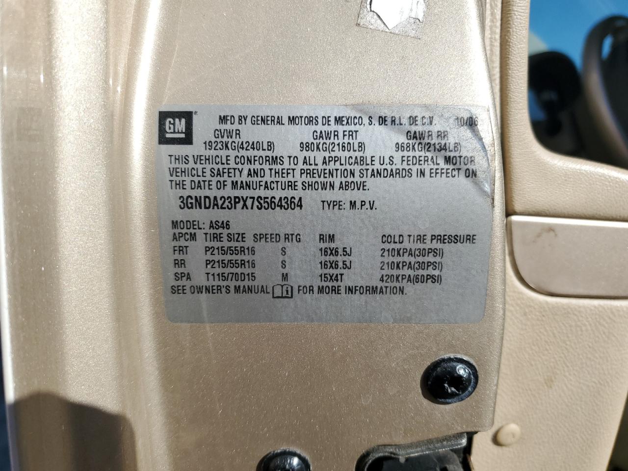 2007 Chevrolet Hhr Lt VIN: 3GNDA23PX7S564364 Lot: 82680735