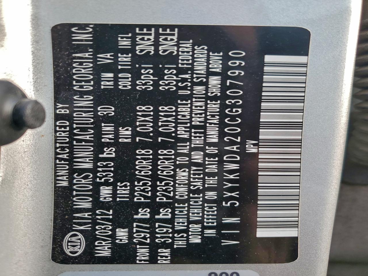 2012 Kia Sorento Sx VIN: 5XYKWDA20CG307990 Lot: 94247235